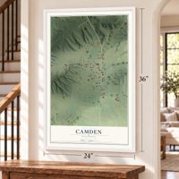 Camden, Illinois map, 24 x 36 inch print in a white frame by a staircase