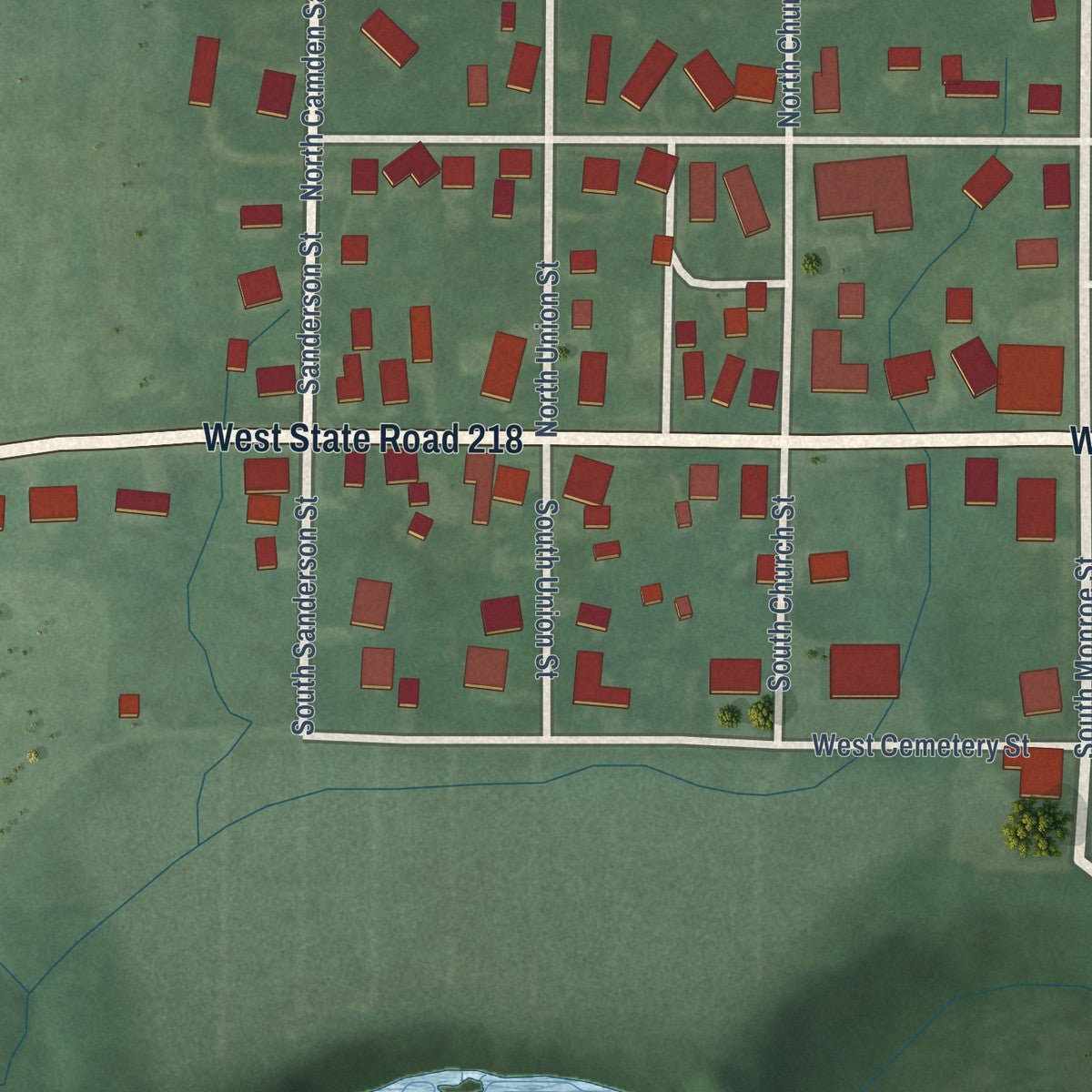 Second close-up of the map of Camden, Indiana print showing more streets and buildings