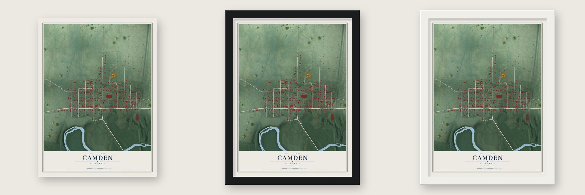 Camden, Indiana map unframed, in a black wood frame and in a white wood frame