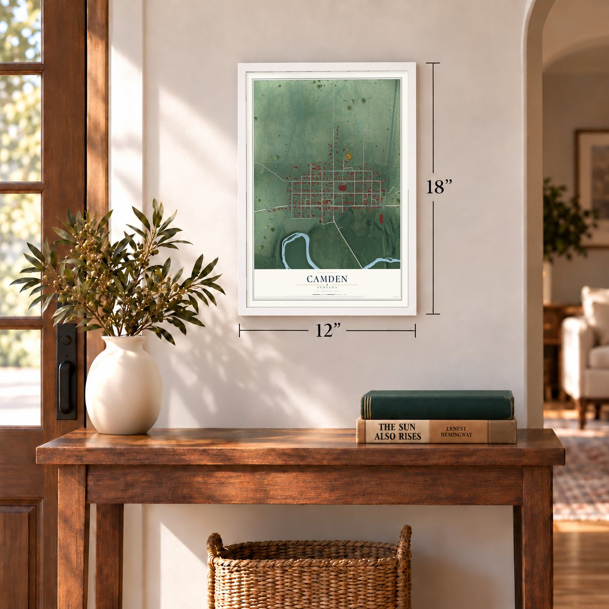 Camden, Indiana map, 12 x 18 inch print in a white frame in an entryway