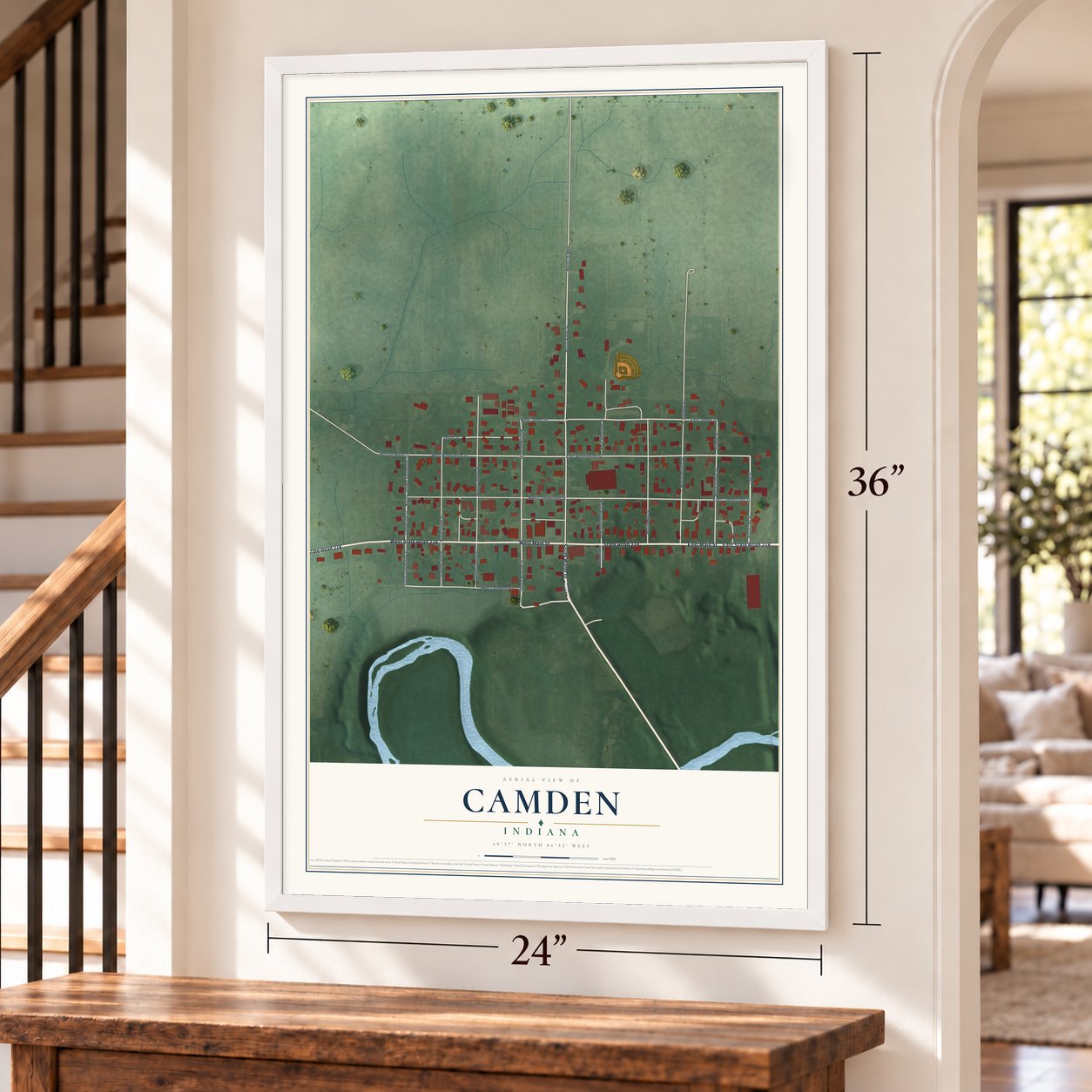 Camden, Indiana map, 24 x 36 inch print in a white frame by a staircase