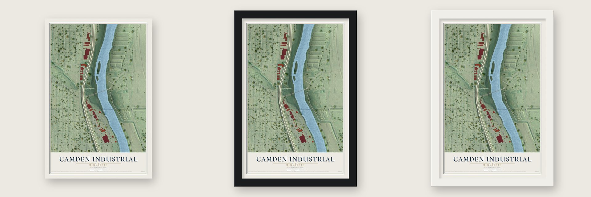 Camden Industrial, Minnesota map unframed, in a black wood frame and in a white wood frame