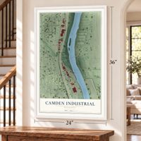 Camden Industrial, Minnesota map, 24 x 36 inch print in a white frame by a staircase