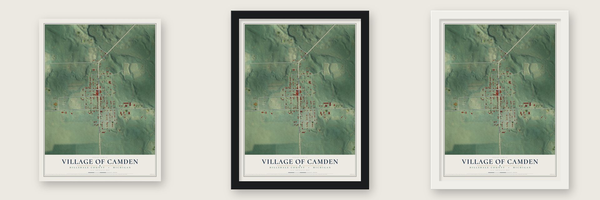 Camden, Michigan map unframed, in a black wood frame and in a white wood frame