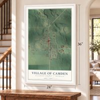 Camden, Michigan map, 24 x 36 inch print in a white frame by a staircase