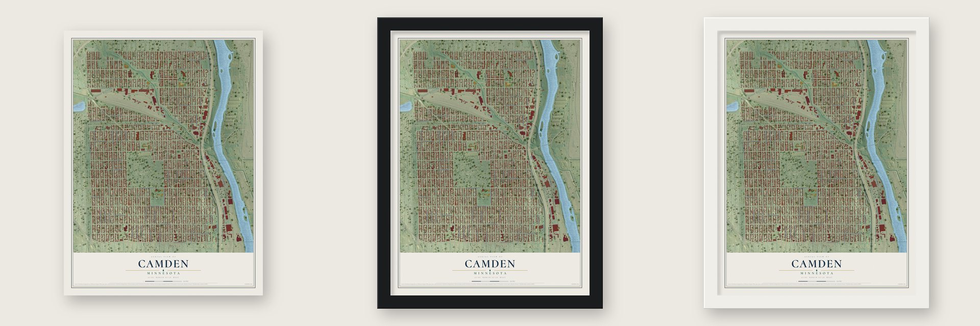 Camden, Minnesota map unframed, in a black wood frame and in a white wood frame