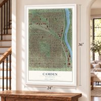 Camden, Minnesota map, 24 x 36 inch print in a white frame by a staircase