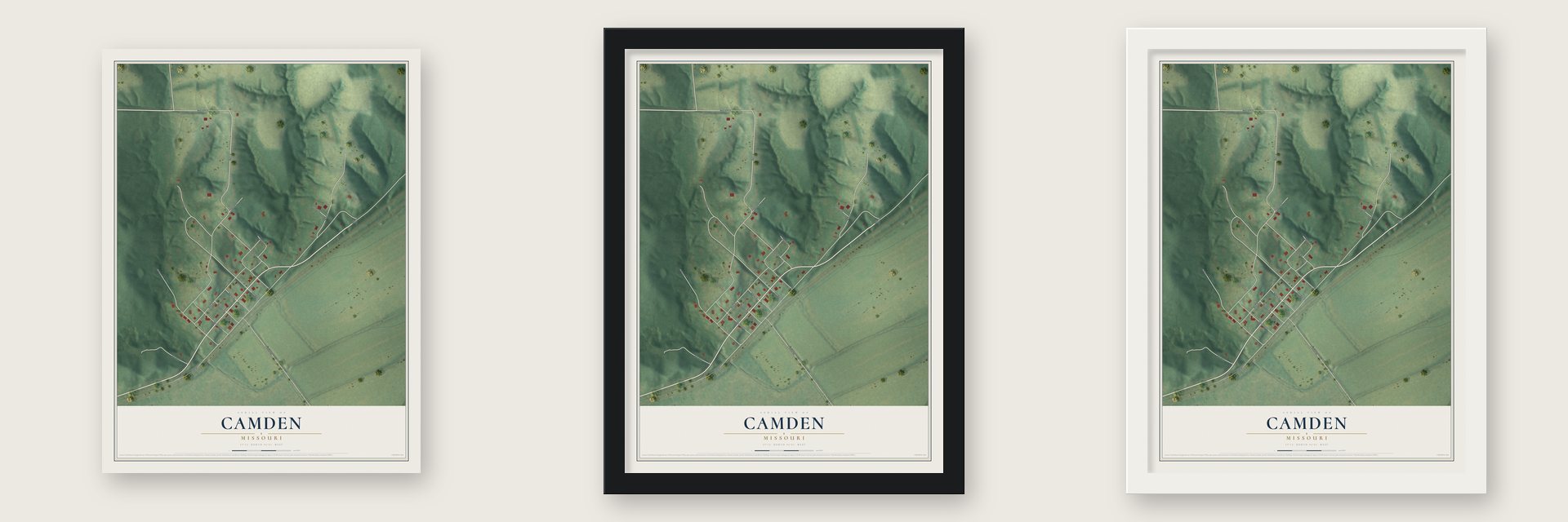 Camden, Missouri map unframed, in a black wood frame and in a white wood frame