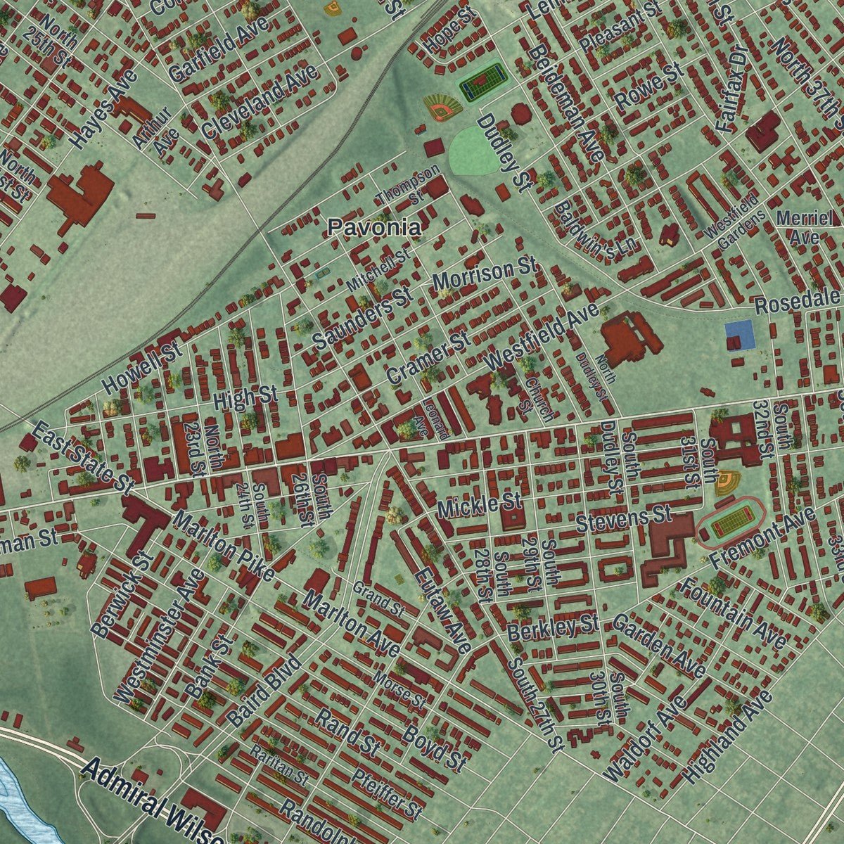 Second close-up of the map of Camden, New Jersey print showing more streets and buildings