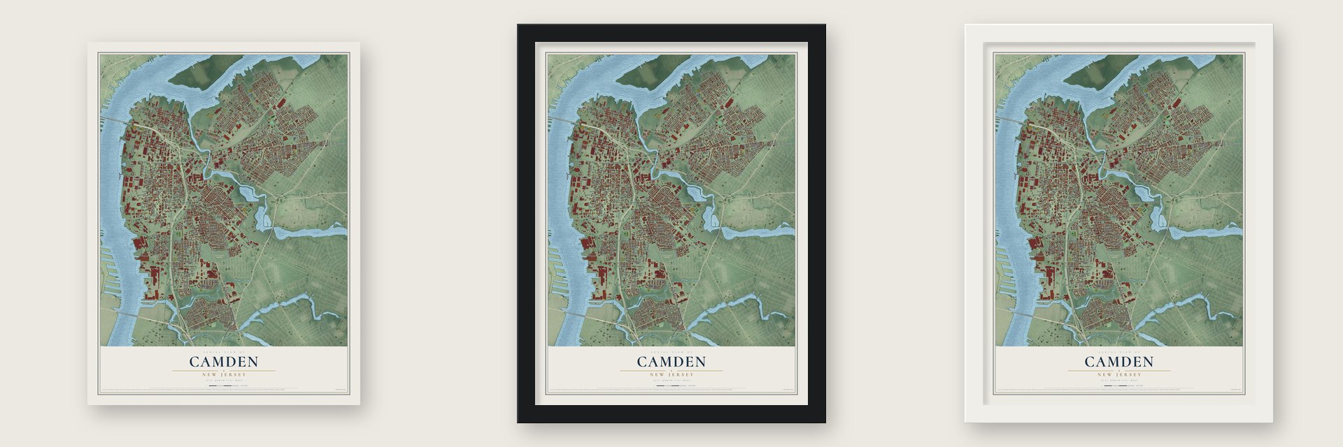 Camden, New Jersey map unframed, in a black wood frame and in a white wood frame