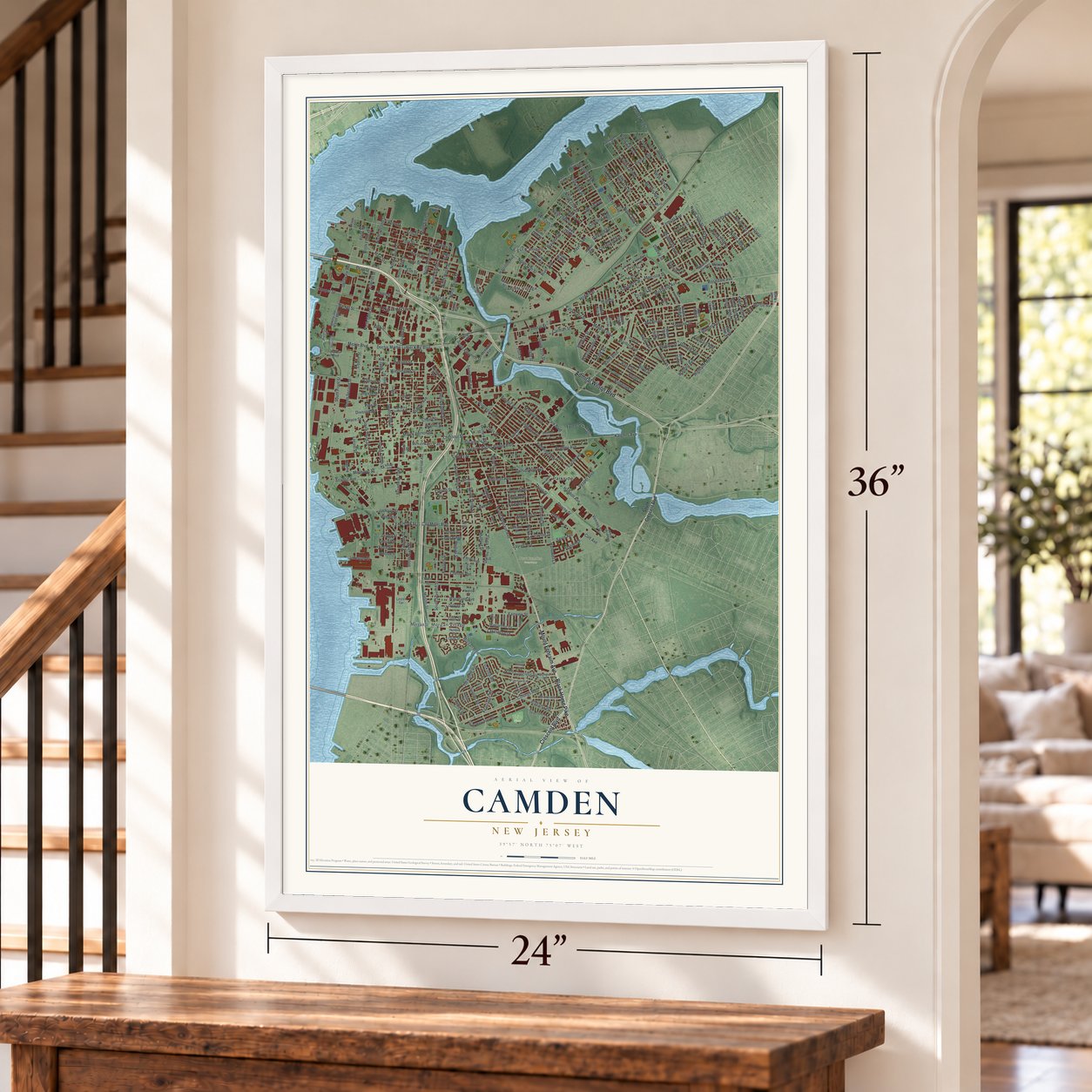 Camden, New Jersey map, 24 x 36 inch print in a white frame by a staircase
