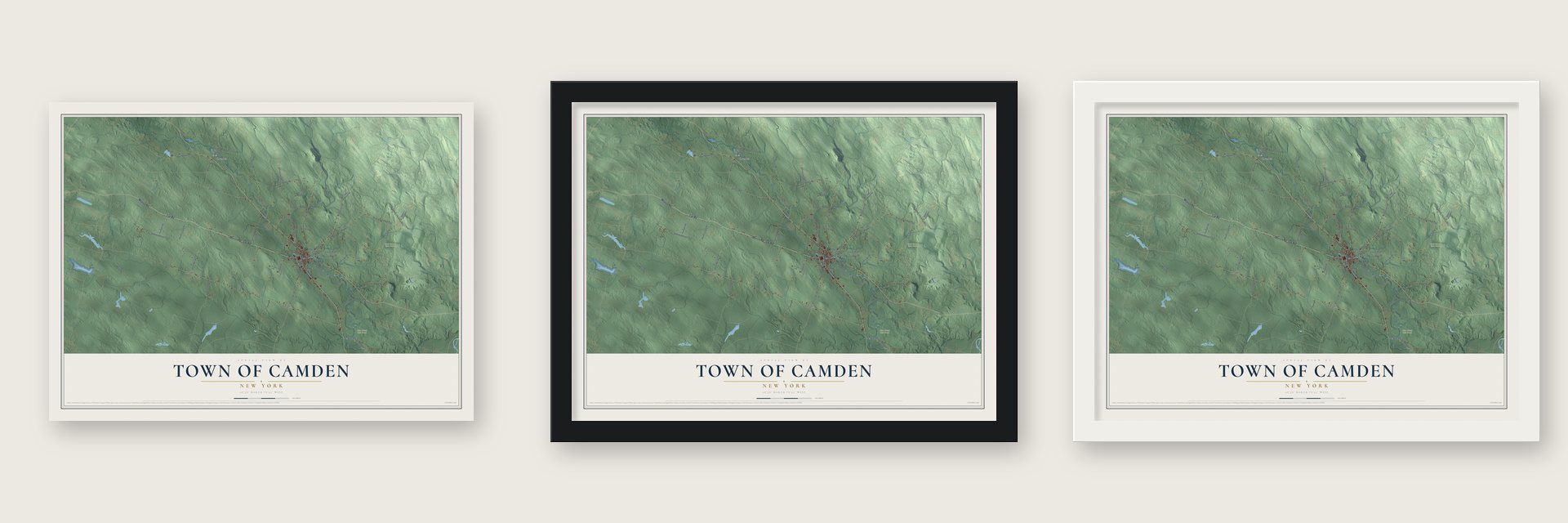 Town of Camden, New York map unframed, in a black wood frame and in a white wood frame