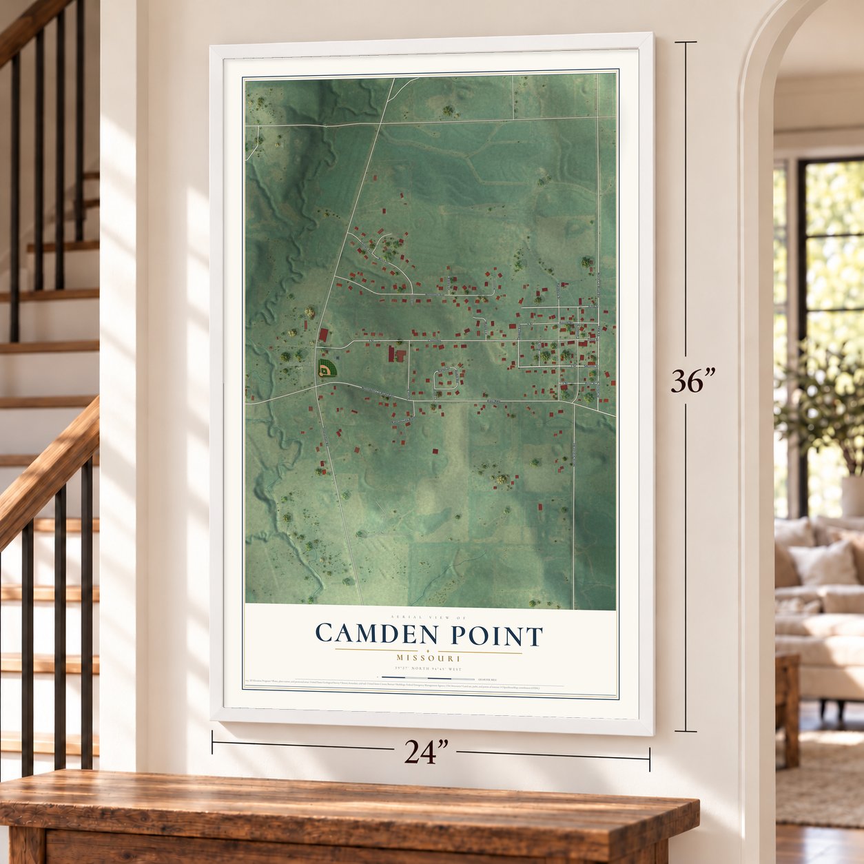 Camden Point, Missouri map, 24 x 36 inch print in a white frame by a staircase