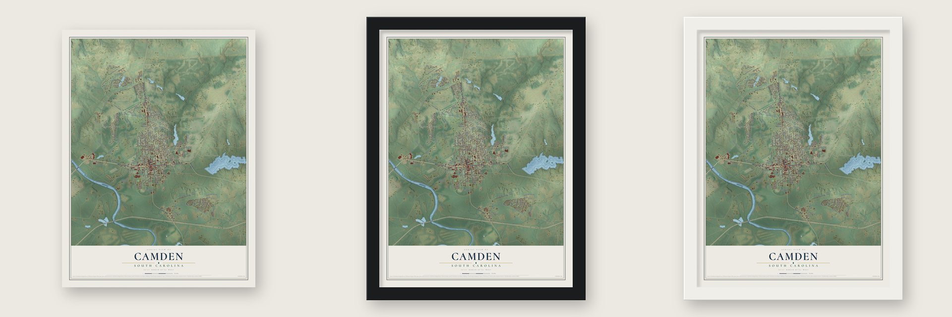 Camden, South Carolina map unframed, in a black wood frame and in a white wood frame