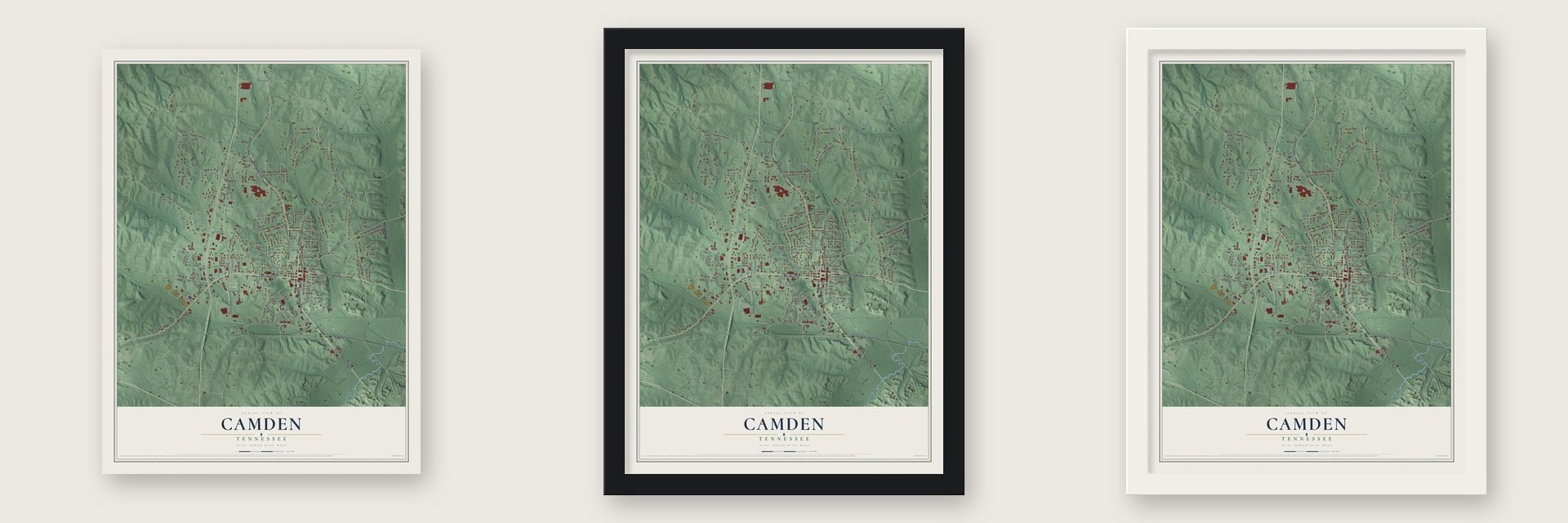 Camden, Tennessee map unframed, in a black wood frame and in a white wood frame