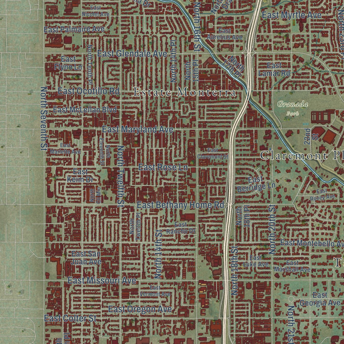 Second close-up of the map of Camelback East, Arizona print showing more streets and buildings
