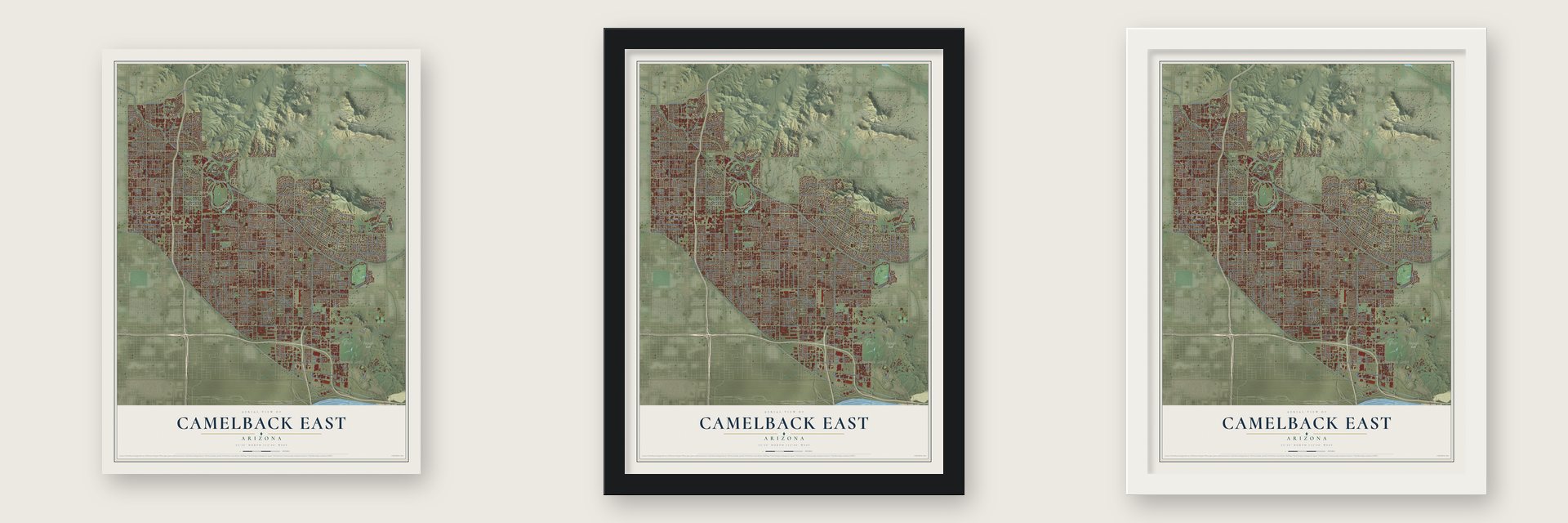 Camelback East, Arizona map unframed, in a black wood frame and in a white wood frame