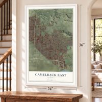 Camelback East, Arizona map, 24 x 36 inch print in a white frame by a staircase