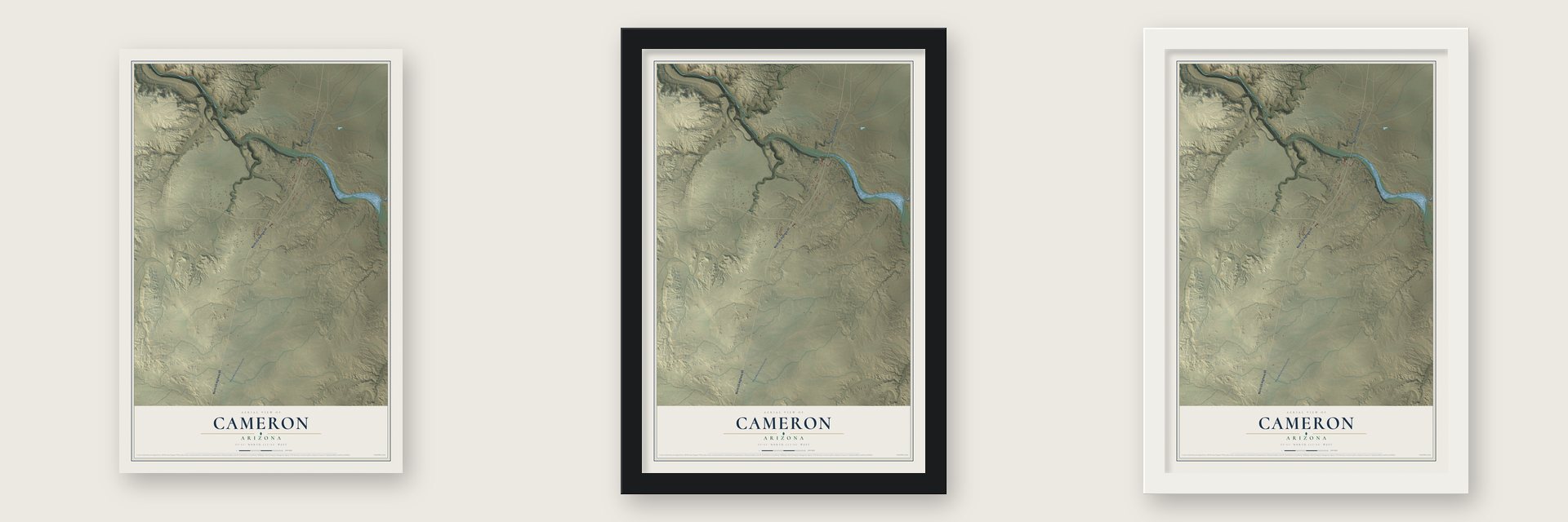 Cameron, Arizona map unframed, in a black wood frame and in a white wood frame