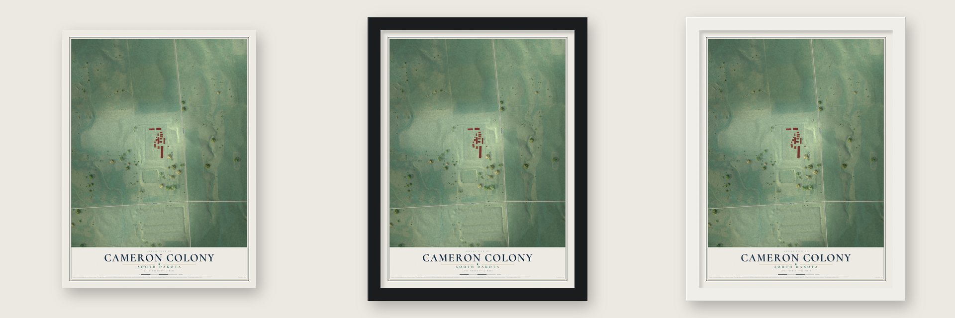Cameron Colony, South Dakota map unframed, in a black wood frame and in a white wood frame