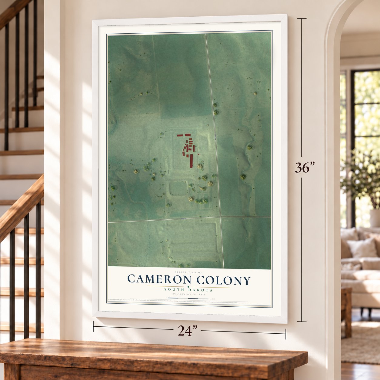 Cameron Colony, South Dakota map, 24 x 36 inch print in a white frame by a staircase