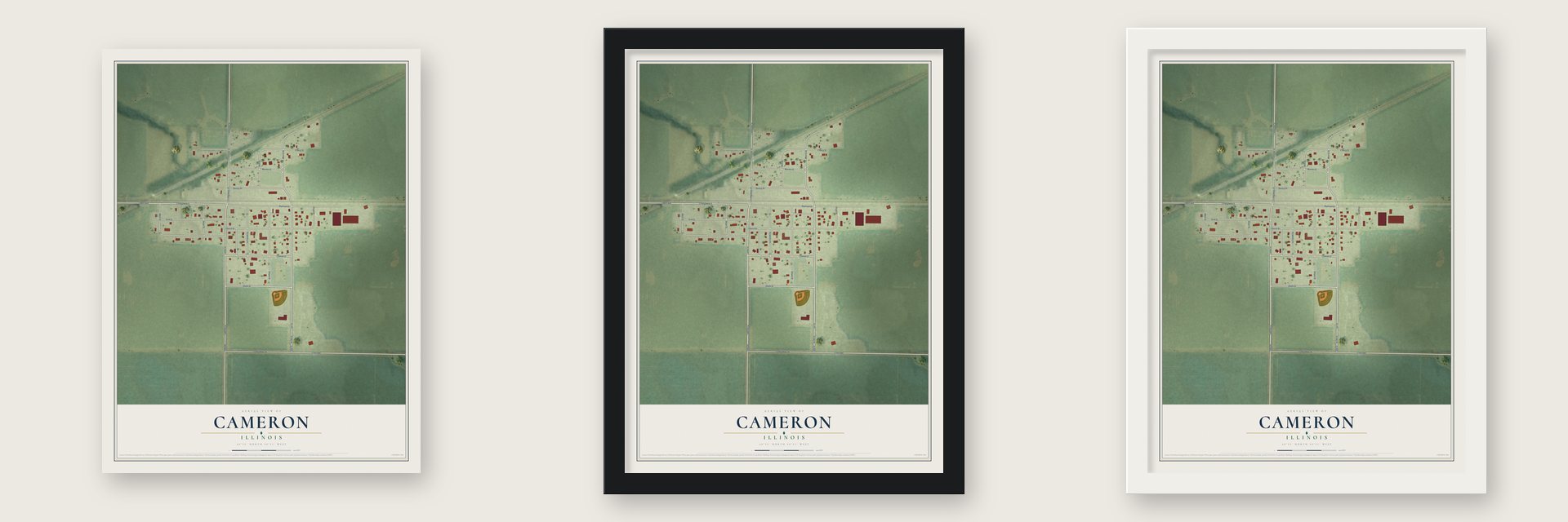 Cameron, Illinois map unframed, in a black wood frame and in a white wood frame