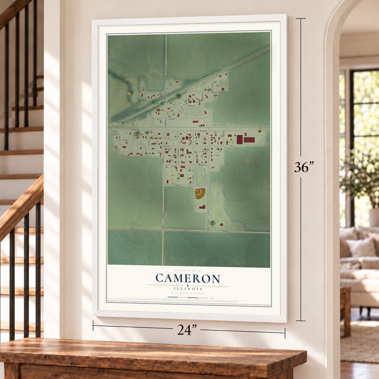 Cameron, Illinois map, 24 x 36 inch print in a white frame by a staircase