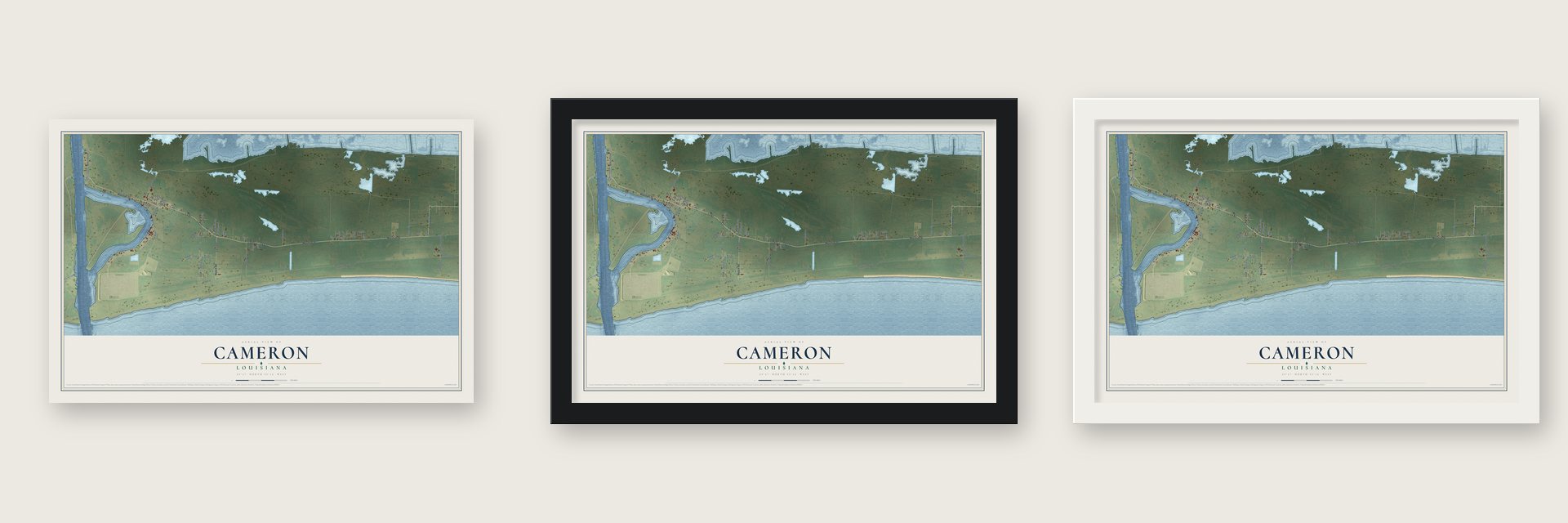 Cameron, Louisiana map unframed, in a black wood frame and in a white wood frame