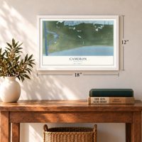 Cameron, Louisiana map, 12 x 18 inch print in a white frame in an entryway