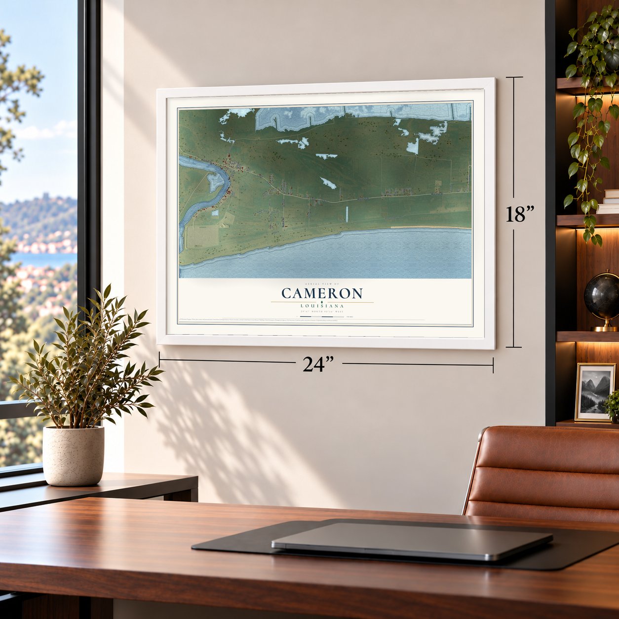 Cameron, Louisiana map, 18 x 24 inch print in a white frame in a home office