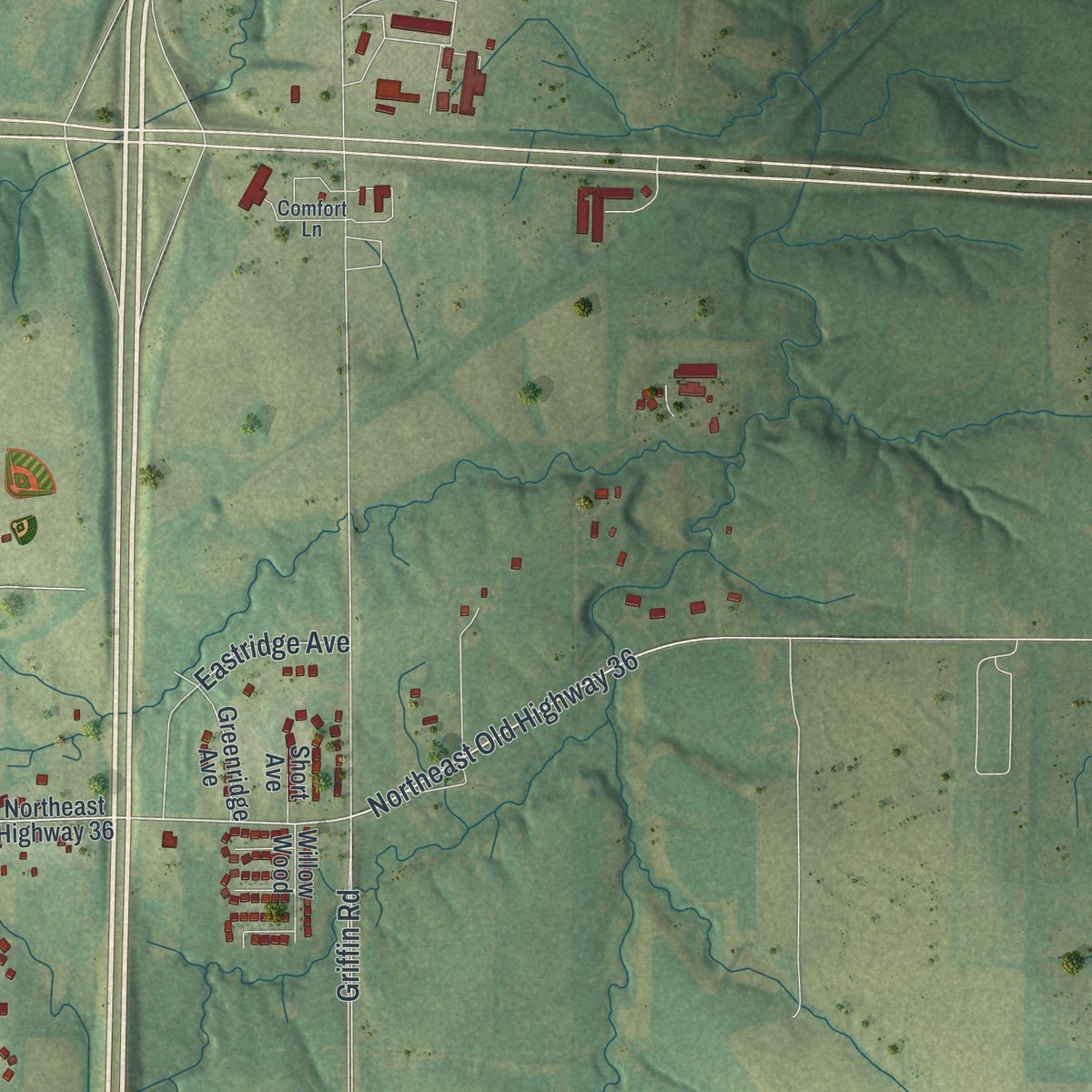 Second close-up of the map of Cameron, Missouri print showing more streets and buildings