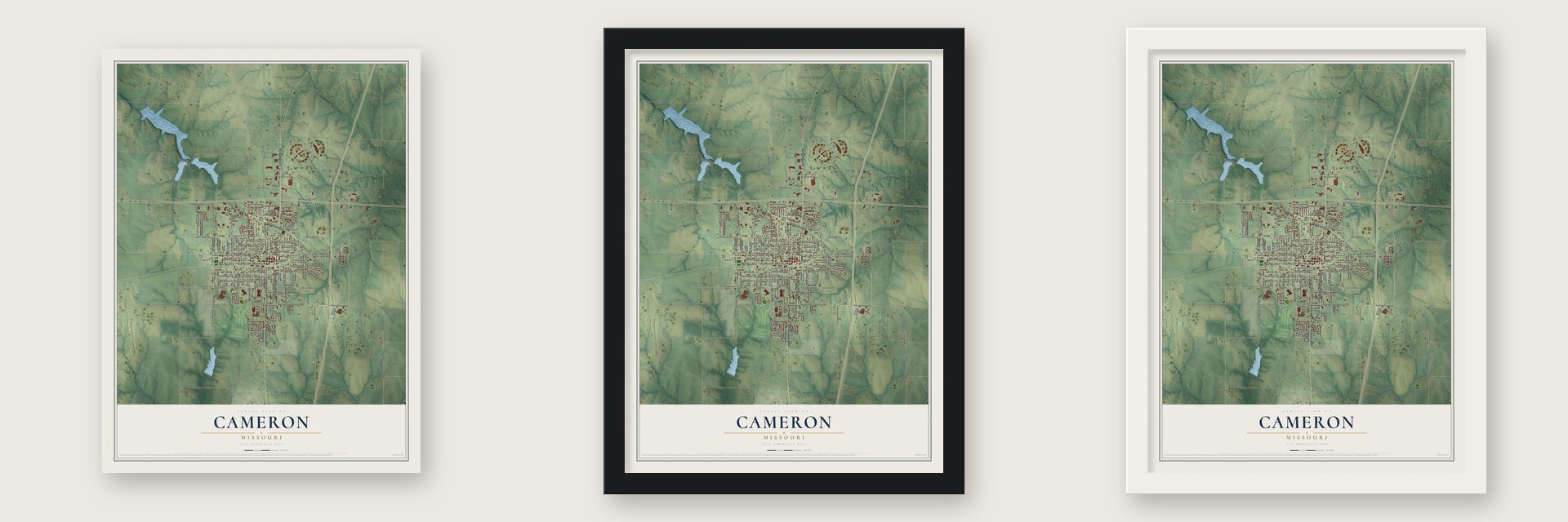 Cameron, Missouri map unframed, in a black wood frame and in a white wood frame