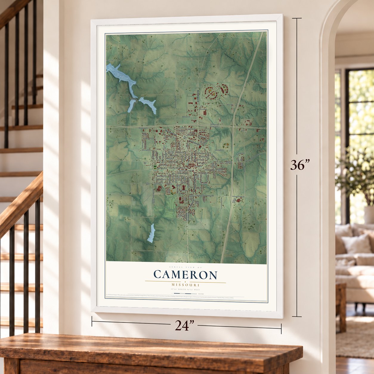 Cameron, Missouri map, 24 x 36 inch print in a white frame by a staircase