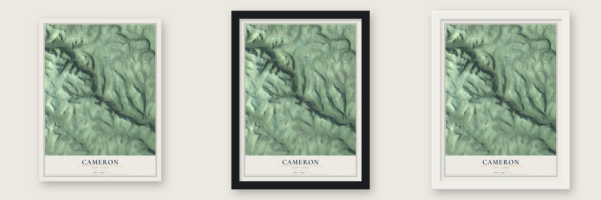 Cameron, New York map unframed, in a black wood frame and in a white wood frame