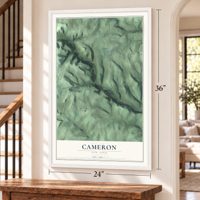 Cameron, New York map, 24 x 36 inch print in a white frame by a staircase