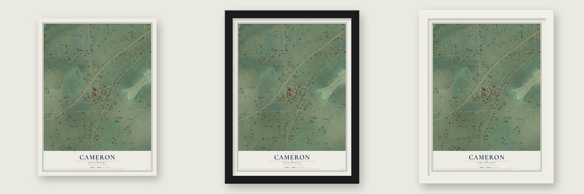 Cameron, Oklahoma map unframed, in a black wood frame and in a white wood frame