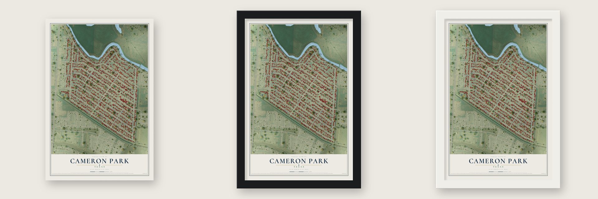 Cameron Park, Texas map unframed, in a black wood frame and in a white wood frame