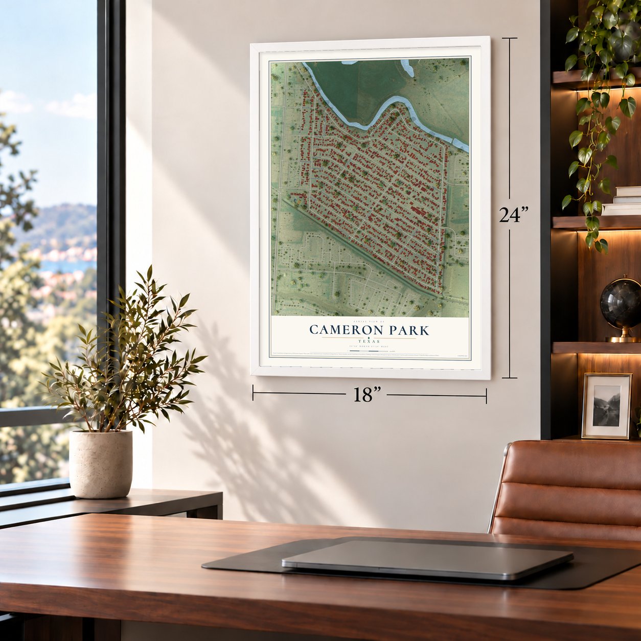 Cameron Park, Texas map, 18 x 24 inch print in a white frame in a home office