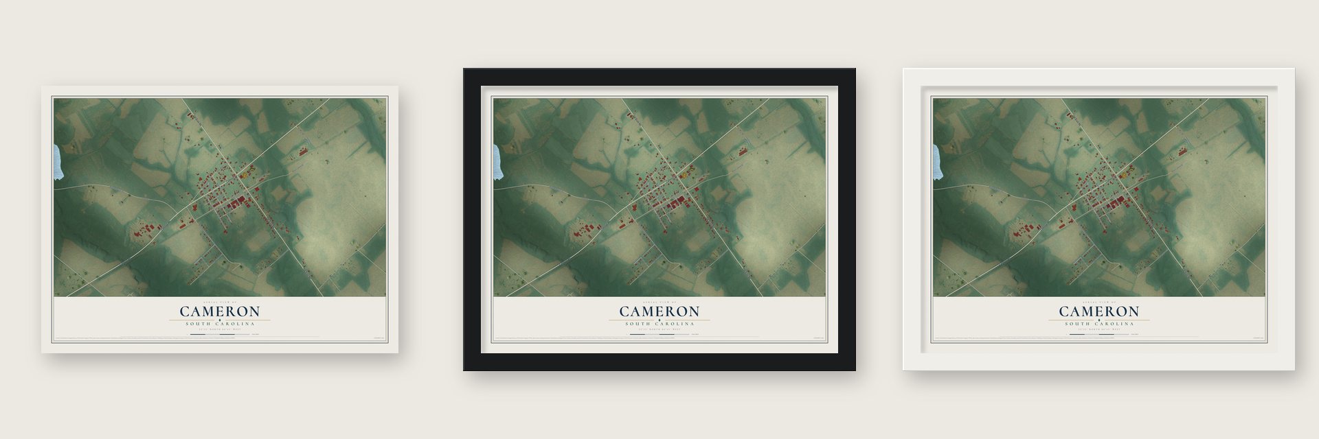 Cameron, South Carolina map unframed, in a black wood frame and in a white wood frame