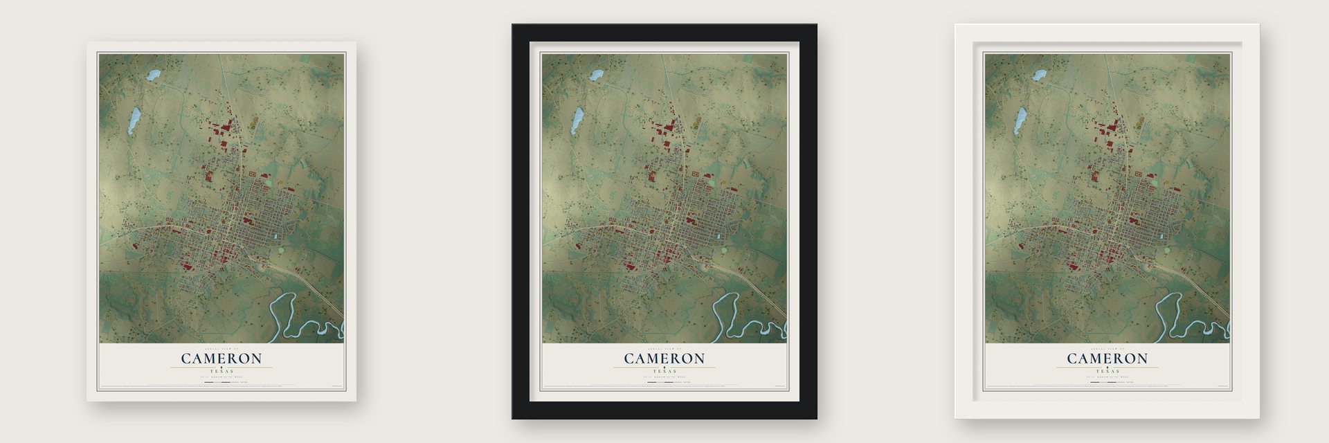 Cameron, Texas map unframed, in a black wood frame and in a white wood frame