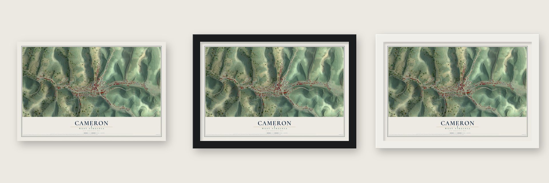 Cameron, West Virginia map unframed, in a black wood frame and in a white wood frame
