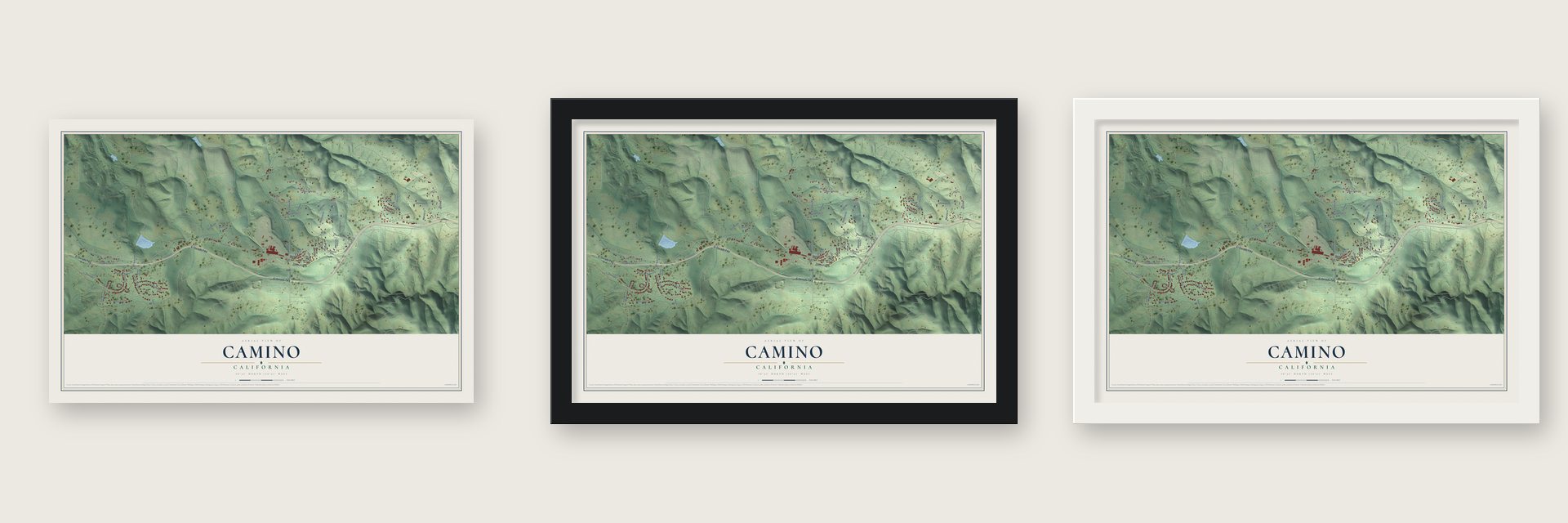 Camino, California map unframed, in a black wood frame and in a white wood frame