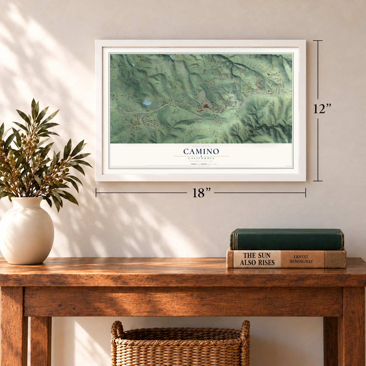 Camino, California map, 12 x 18 inch print in a white frame in an entryway