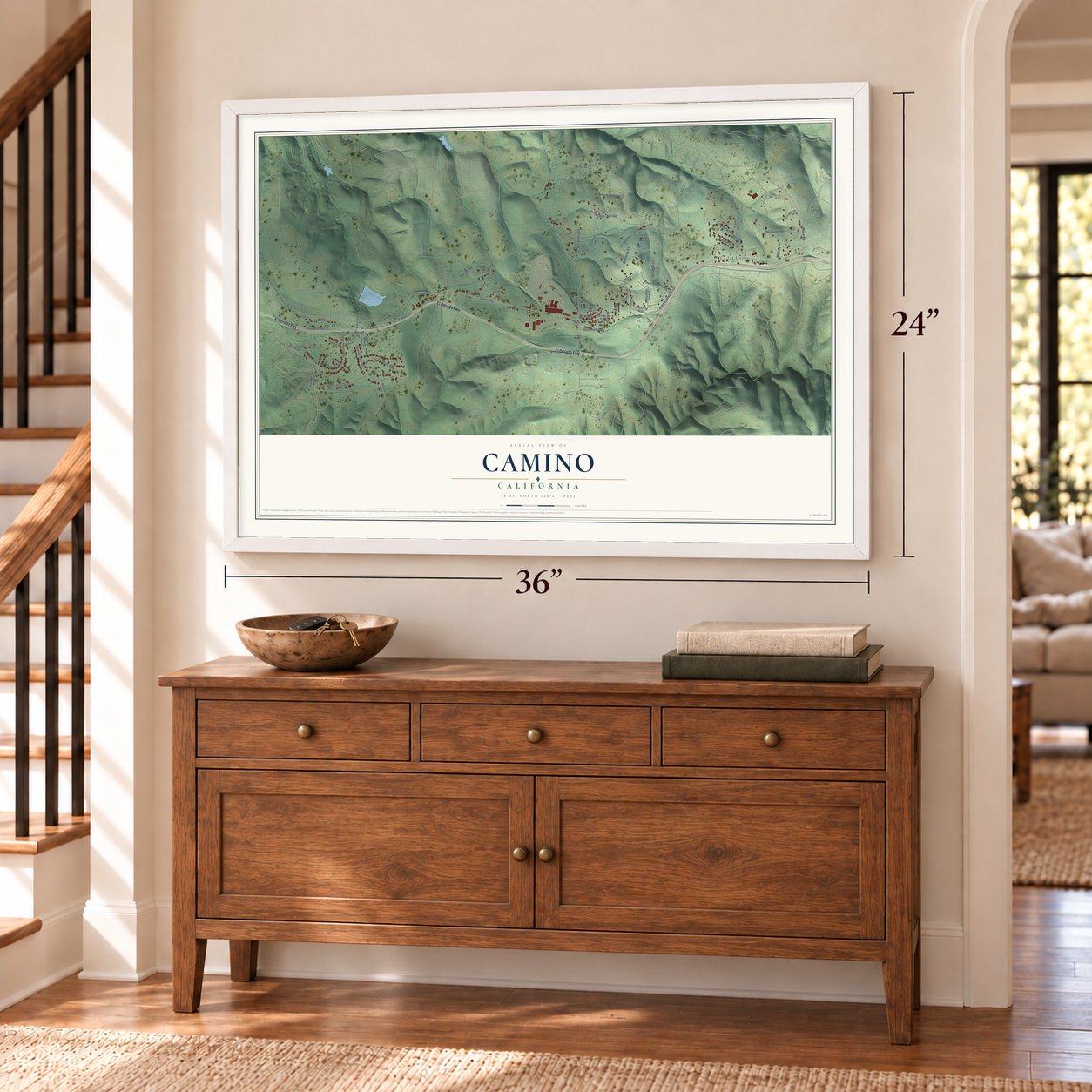 Camino, California map, 24 x 36 inch print in a white frame above a dresser by a staircase