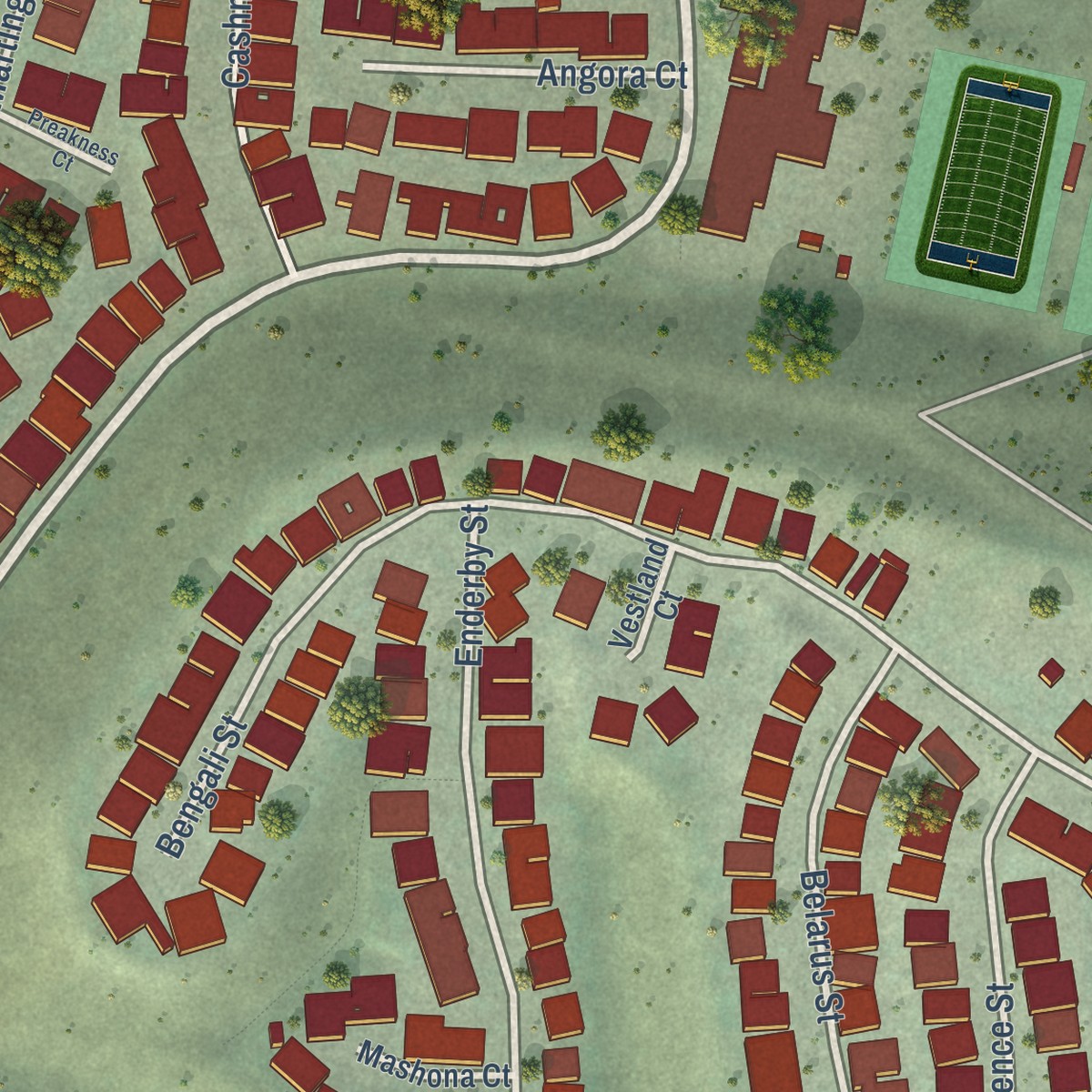 Second close-up of the map of Camino Tassajara, California print showing more streets and buildings