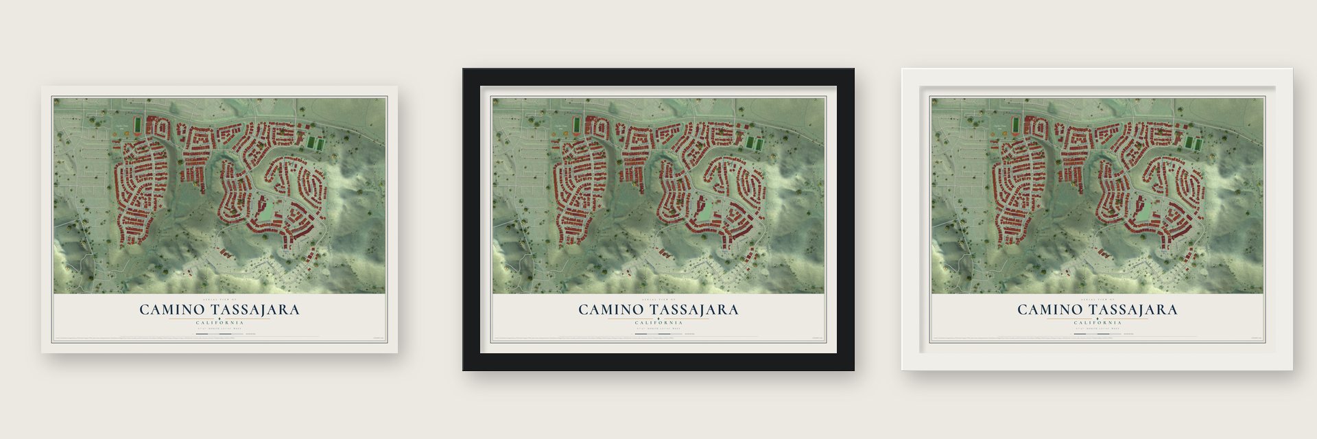 Camino Tassajara, California map unframed, in a black wood frame and in a white wood frame