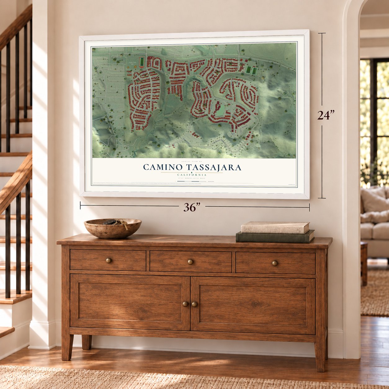 Camino Tassajara, California map, 24 x 36 inch print in a white frame above a dresser by a staircase