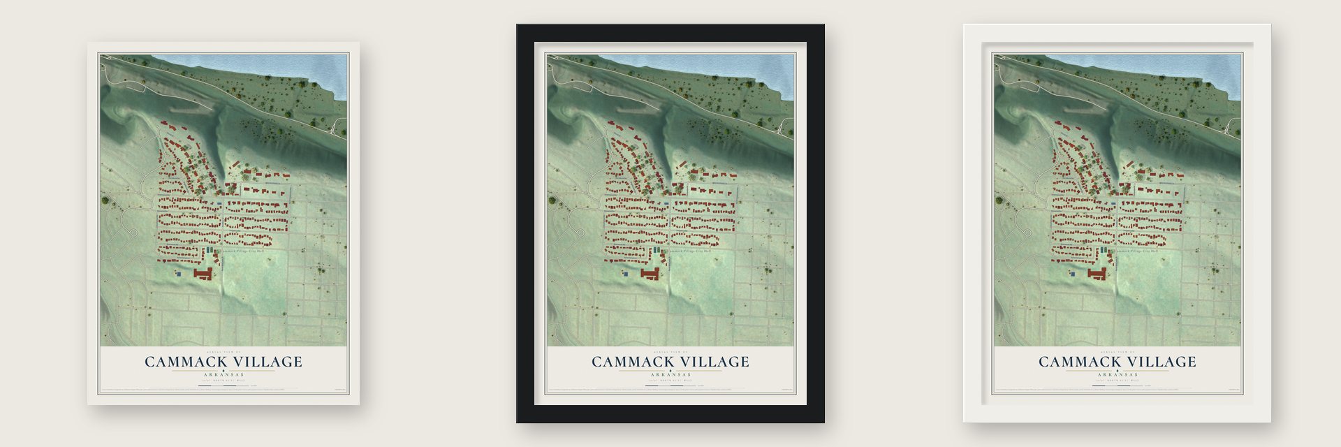 Cammack Village, Arkansas map unframed, in a black wood frame and in a white wood frame