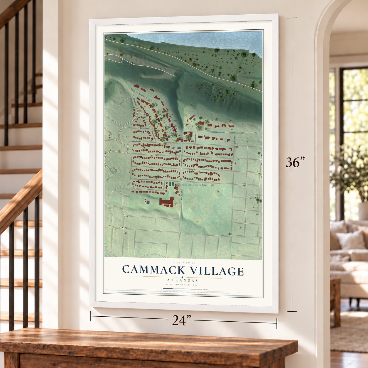 Cammack Village, Arkansas map, 24 x 36 inch print in a white frame by a staircase