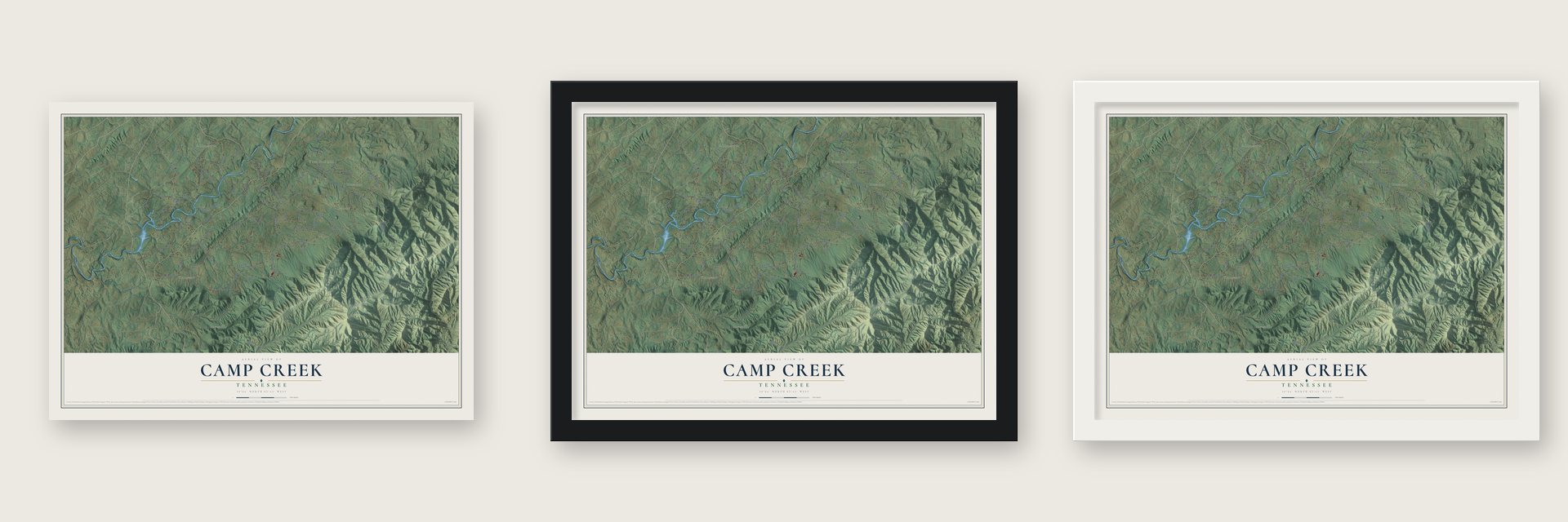 Camp Creek, Tennessee map unframed, in a black wood frame and in a white wood frame